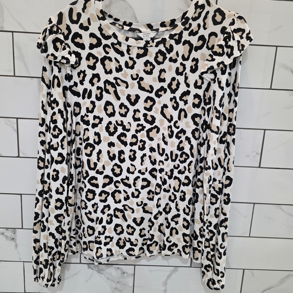 Crown & Ivy Black and Cream Animal Print Blouse